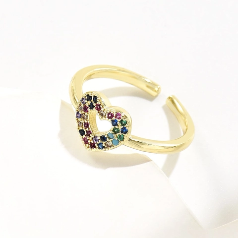 Regenbogen Zirkonia Herz Offener Ring 18K Vergoldetes Kupfer Geometrisch Verstellbar Mode Schmuck Für Frauen