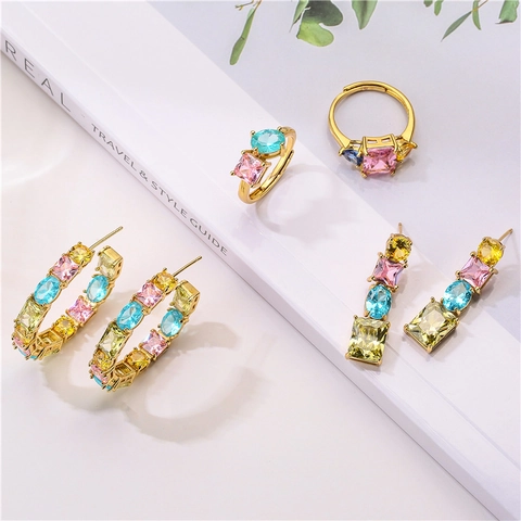 Bunte Zirkonia Ohrringe Und Ringe Geometrische Kupfer Vergoldet Romantischer Modeschmuck Für Damen Süße Elegante Accessoires
