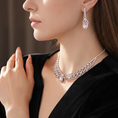 Ensemble Bijoux Collier Boucle Oreille Dentelle Cuivre Avec Zircon Goutte Eau Strass Pour Femmes Banquet Élégant Vintage