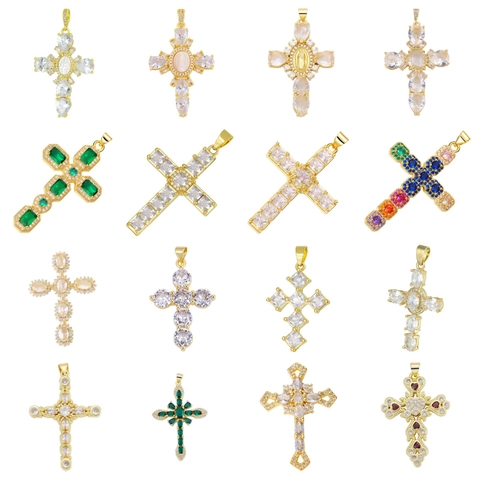 Religious Cross Pendant Copper Inlaid Colorful Zircon Retro Hip Hop Style DIY Jewelry Making Accessory For Necklace