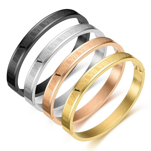 Vintage Stainless Steel Roman Numeral Bangle Bracelet For Women Men Classic Simple Engraved Metal Hand Cuff Jewelry