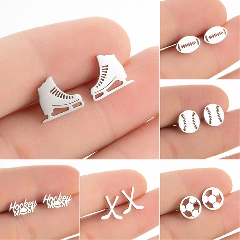 Vintage Edelstahl Sport Ohrstecker Für Damen Schlittschuhe Rugby Baseball Fußball Hockey MOM Minimalistischer Schmuck