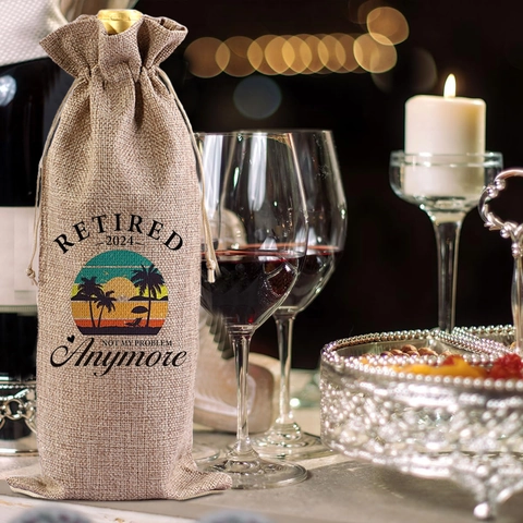 Sacchetti Regalo Bottiglia Vino Juta Con Coulisse Coperture Vino Lino Stampate Per Pensionamento Fidanzamento Nuovo Lavoro Festa