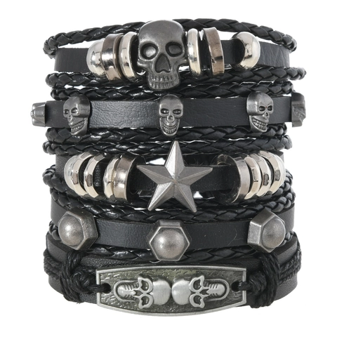 Collezione di Bracciali in Pelle da Uomo Punk Intrecciati a Mano Con Ciondoli in Lega a Forma di Teschio e Stella Gioielli Gothic Rock