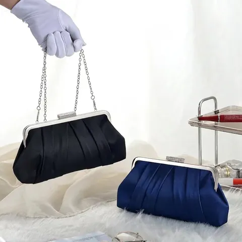 Pochette Da Sera In Raso Pieghettato Con Chiusura In Strass Cornice In Metallo Catena Rimovibile Per Matrimonio Donna