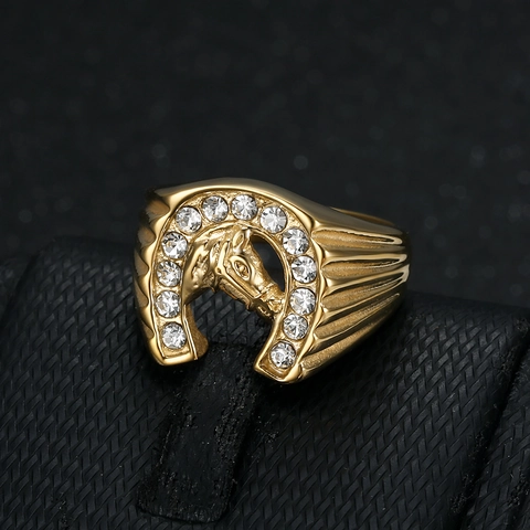 Hip Hop Titanium Steel Horseshoe Horse Head Ring For Men Pave Rhinestone Animal Signet Ring Gold Silver Band Jewelry