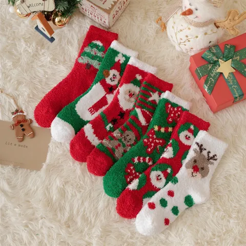 Weihnachtssocken Damen Korallenvlies Verdickt Warm Winter Zuhause Plüsch Schlafsocken Weihnachtsmann Schneemann Rentier Muster