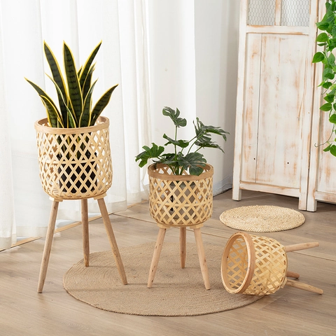 Supporto Per Piante Intrecciato Cesto Di Fiori In Bambù Con Gambe A Treppiede In Legno Stile Nordico Porta Piante Decorativo Da Interno Rattan Fatto A Mano