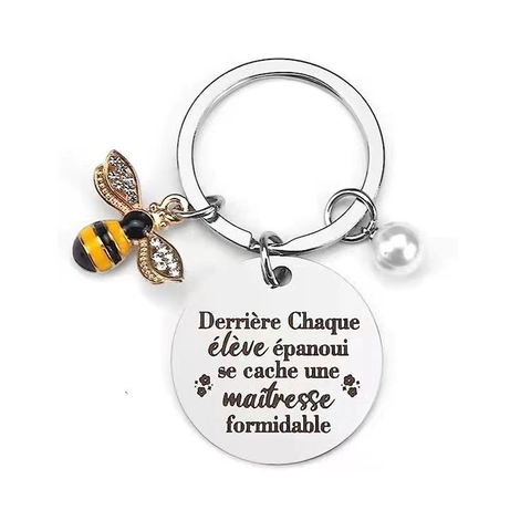 Llavero de Acero Inoxidable Arcoíris Abeja Corazón Trébol Regalo Colega Maestro Grabado Francés Alemán Italiano