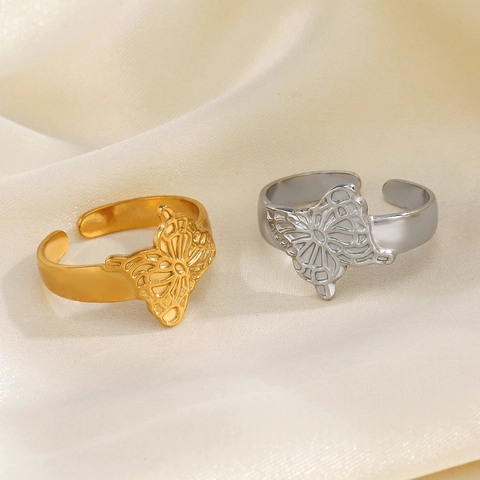 Butterfly Open Ring Stainless Steel Hollow Out Filigree Adjustable Fashion Jewelry For Women Elegant Accessory