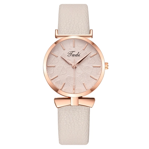 Women Quartz Watch Faux Leather Strap Alloy Case Bowknot Decor Leaf Pattern Embossed Dial Elegant Fashion Wristwatch