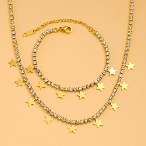 Ensemble de Bijoux en Acier Inoxydable Plaque Or Avec Pendentif Etoile en Strass Collier Bracelet pour Femmes Mode