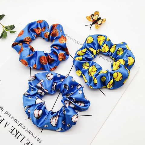 Coleteros de Satén Estampados Estilo Deportivo Patrón de Béisbol Baloncesto Fútbol Diademas Elásticas Anillo de Intestino Grueso Mujer Accesorios Cabello