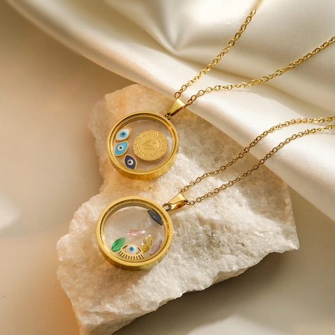 Collier Pendentif Mauvais Oeil Plaqué Or Acier Titane Rond Capsule Transparente Zircon Coloré Flottant Bijoux Bohème