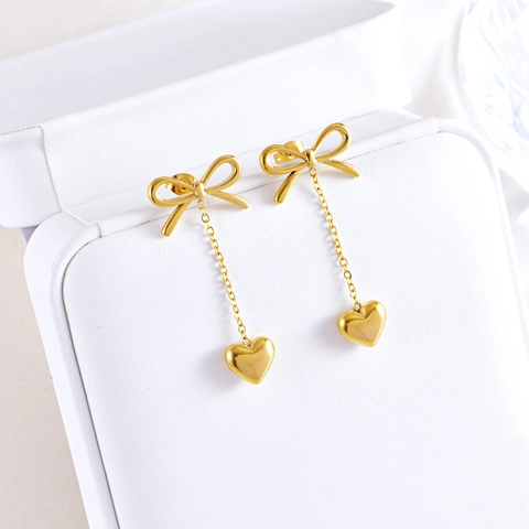 Ensemble de Bijoux en Acier Inoxydable Nœud Papillon Cœur Gland Collier Boucles d'Oreilles pour Femmes Doré Poli Tendance Élégant