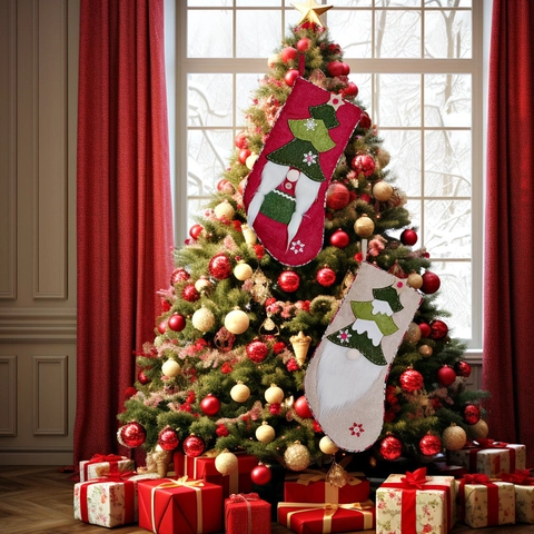 Calcetines De Navidad Grandes De Arpillera Gnomo Muñeca Sin Rostro Felpa Apliques Chimenea Colgante Bolsas De Regalo Decoración