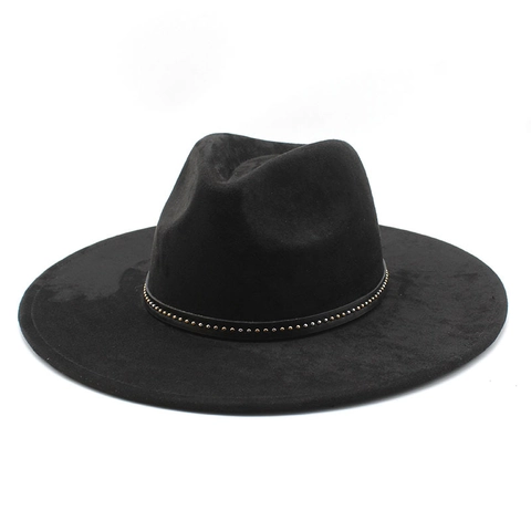 Cappello Fedora Camoscio Tesa Larga Vintage Jazz Cappello Con Cintura A Borchie Per Donne Elegante Inverno Autunno