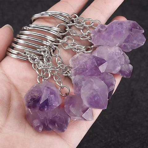 Natural Amethyst Raw Stone Keychain Irregular Purple Crystal Cluster Mineral Specimen Bag Pendant Accessory For Men Women