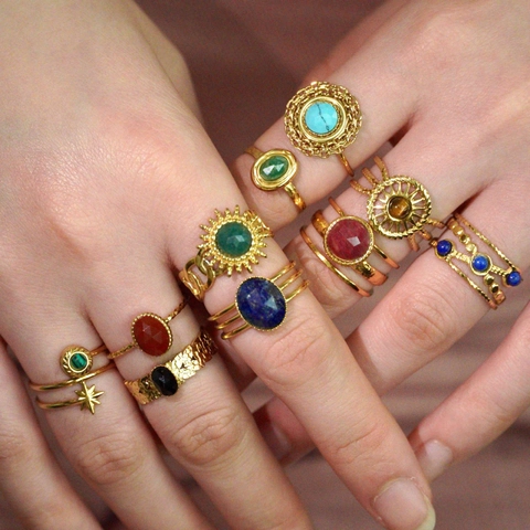 Böhmischer Offener Ring Edelstahl Naturstein Inlay Sonnenstrahl Geometrisch Verstellbar Vintage Schmuck Damen
