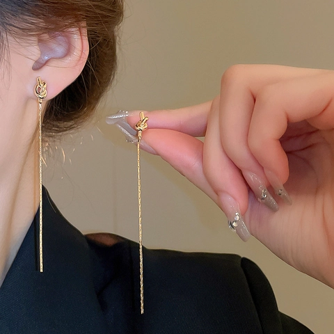 Knot Long Tassel Drop Earrings With 925 Sterling Silver Earring Post Elegant Minimalist Metallic Jewelry For Women