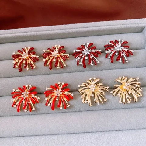 Vintage Firework Stud Earrings Enamel Flower Jewelry With Silver Earring Post Copper Zircon Retro Elegant For Women