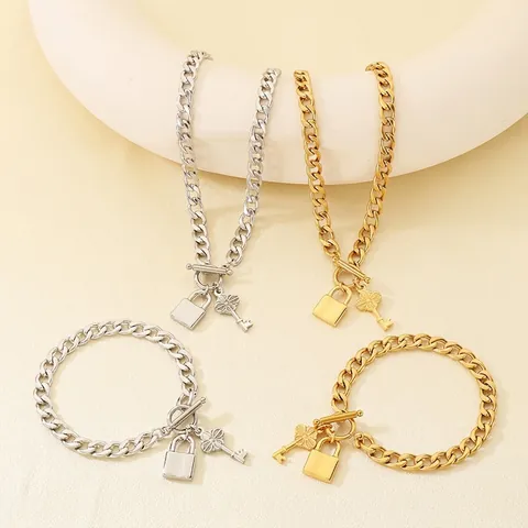 Stainless Steel Cuban Link Necklace And Bracelet With Key And Padlock Pendants Toggle Clasp Hip Hop Jewelry For Women