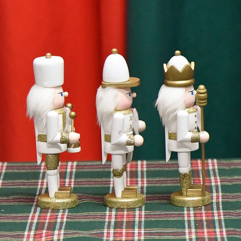 Casse-Noisette En Bois Soldats Ornements De Noël Traditionnels Paillettes Blanc Or Roi Épéiste Tambour Figurines De Table