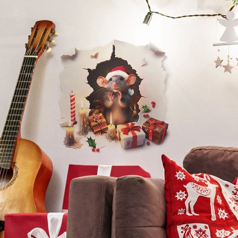 Weihnachts 3D Wandaufkleber PVC Cartoon Maus Weihnachtsmannmütze Geschenkbox Wandloch Design Festliches Dekor