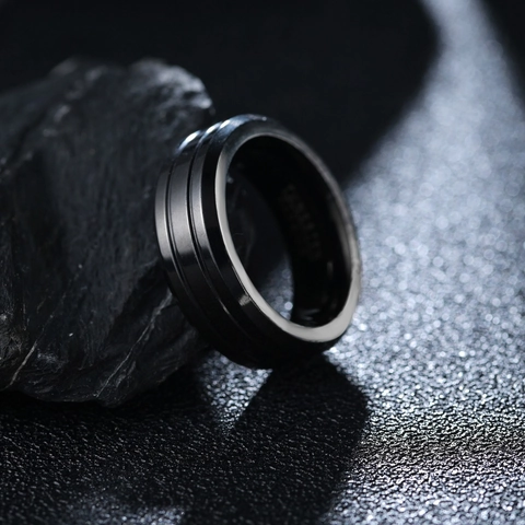 Anello Nero in Acciaio al Titanio Minimalista per Uomo Fascia Larga Doppia Scanalatura Finitura Opaca Lucida Fede Gioielli Moda Regalo