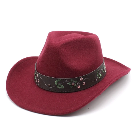 Western Cowboy Hat Woolen Felt Vintage Ethnic Wide Brim Fedora With Embroidered Floral Leather Band And Rivets For Women Men
