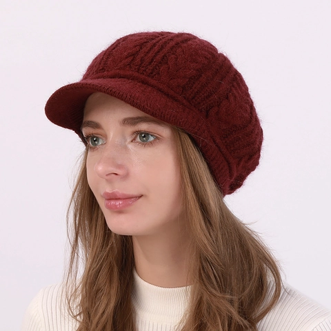 Gorro de Invierno Cálido para Mujer de Punto de Ocho Con Visera Forro de Felpa Gorra Newsboy de Acrílico y Pelo de Conejo Sintético