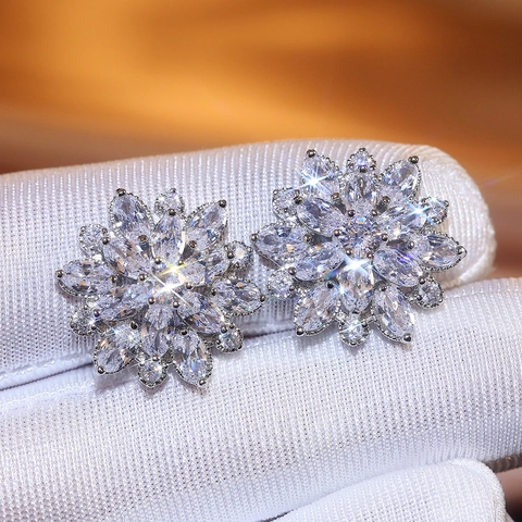 Luxury Copper Rhinestone Sun Flower Stud Earrings For Women Silver Rose Gold Plated Double Layer Flower Wedding Jewelry Gift