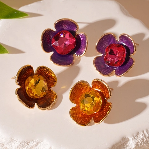 Vintage 3D Blumen Ohrstecker Mit Bunten Strasssteinen Emaille Und 925 Sterling Silber Ohrstecker Elegant Für Damen