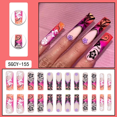 Tropical Press On Nails Long Square Palm Tree Hibiscus Flower Gradient Summer Vacation Island Style Fake Nails
