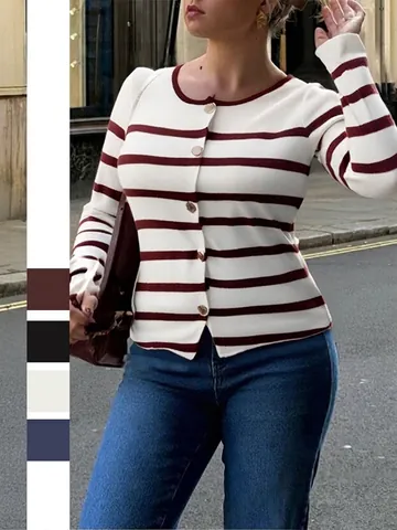Women Striped Knit Cardigan Viscose Polyester Polyamide Blend Long Sleeve Round Neck Gold Button Elegant Sweater Top