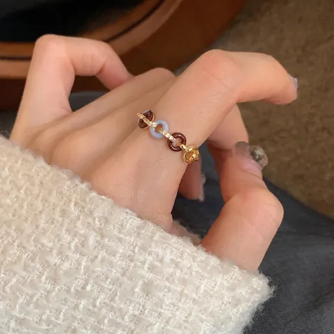 Eleganter Ring Mit Farblock Kettenlied Für Damen Französisch Retro Verstellbar Emaille Legierung Zirkonia