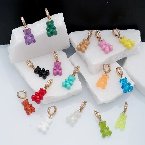 Gummybär Creolen Bunte Harz Tieranhänger Gold Vergoldetes Kupfer Mikropave Zirkonia Für Damen Teenager
