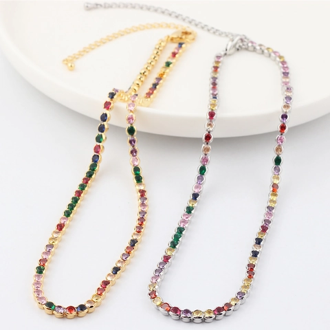 Collar Tenis Arcoíris Cobre Circonita De Colores Ajustable Bañado En Oro Gargantilla Brillante Joyería Moda