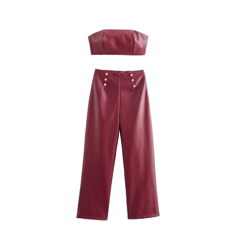Women Sexy PU Leather Outfit Tube Top And High Waist Wide Leg Pants Solid Dark Red Clubwear Party