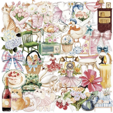 Aquarell Transparente PET Aufkleber Vintage Blumen Katze Dekoration Für Scrapbooking Journal Laptop Gitarre Zubehör