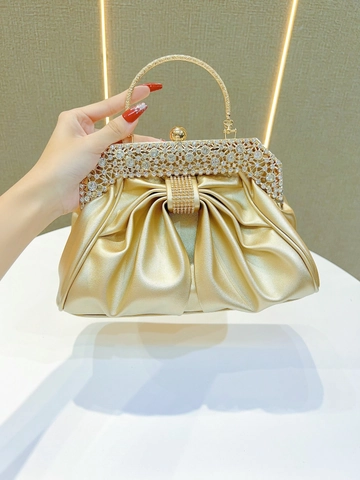 Sac De Soirée Pour Femmes En Cuir PU Plissé Poignée En Métal Strass Pochette De Fête Avec Chaîne