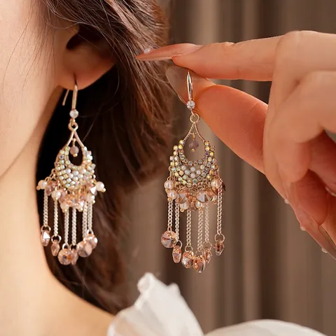 Pendientes Colgantes Bohemios Con Cobre Circón Cristal De Color Borla Perlas Artificiales Poste De Plata Vintage Creciente Para Mujeres