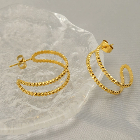 Boucles D'oreilles Créoles Géométriques Creuses Acier Inoxydable Plaqué Or Texture Perlée À Plusieurs Couches Femmes