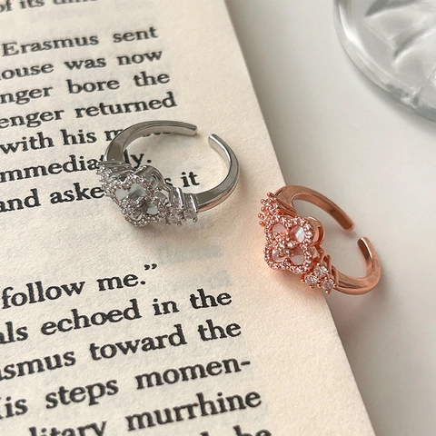 Adjustable Open Ring Copper Zircon Mother Of Artificial Pearl Flower Four Leaf Clover Elegant Jewelry For Women