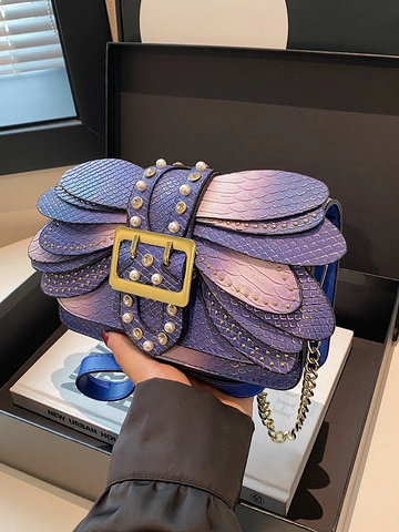 Borsa Tracolla Fantasia Serpente Cangiante Design Ala Farfalla Pelle PU Perla Artificial Strass Catena Oro Retrò Quadrata