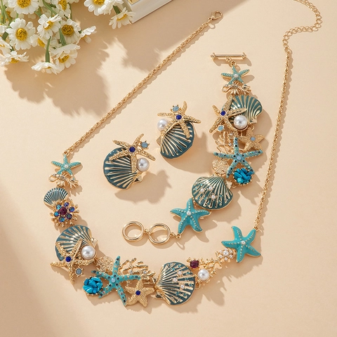 Ocean Theme Starfish Seashell Seahorse Necklace Bracelet And Earrings Alloy Enamel Rhinestone Faux Artificial Pearl Beach Jewelry