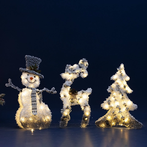 Christmas Lighted Decoration Flocked Iron Reindeer Snowman Tree Warm LED Ornament Home Garden Yard Festive Decor