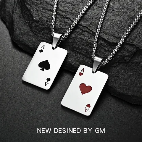 Poker Ace Of Spades Heart Card Pendant Necklace Stainless Steel Hip Hop Punk Jewelry For Men Women Couples Creative Polished
