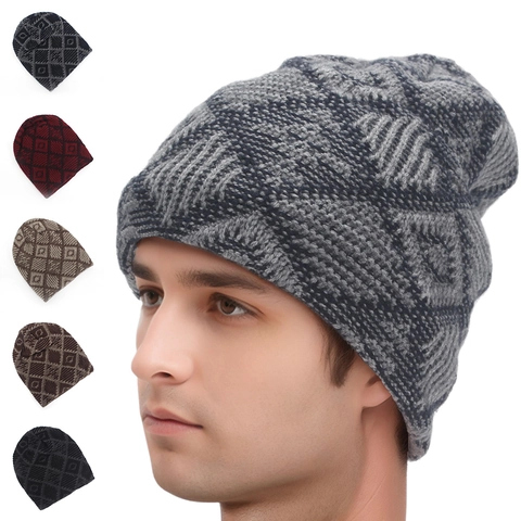 Men Beanie Knit Hat Fleece Lined Winter Warm Windproof Geometric Plaid Pattern Outdoor Thermal Skull Cap