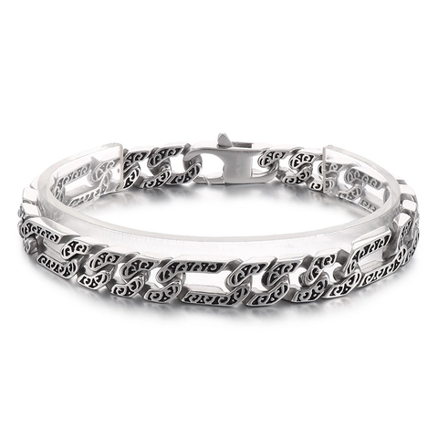 Men Edelstahl Halskette Und Armband Vintage Gravierte Kubanische Panzerkette Punk Hip Hop Stil Modeschmuck